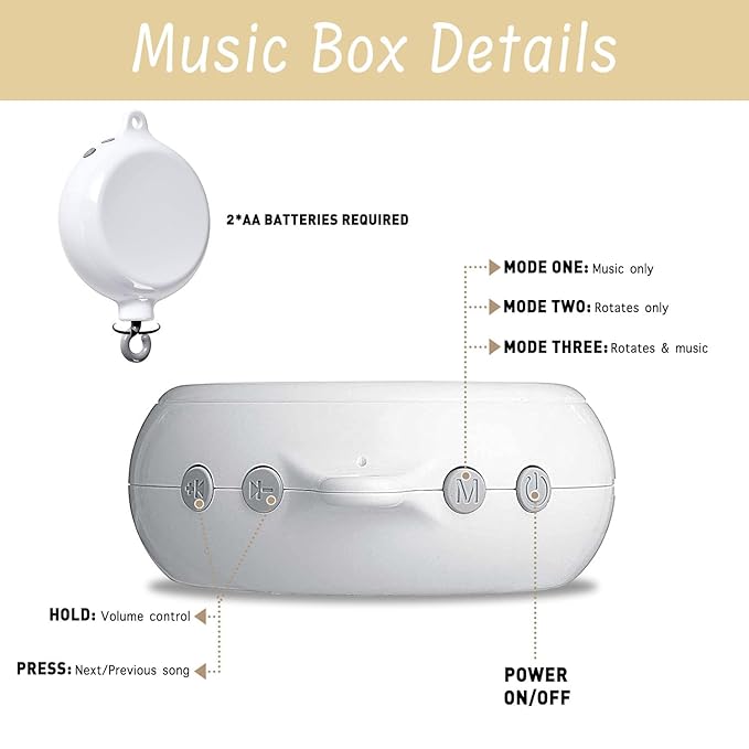 Crib Mobile Arm with Music Box,32.5 Inch White Crib Mobile Stand,Wooden Mobile Arm for Crib (2 Modes,360°Adjustable,100% Beech Wood) Baby Crib Mobile for Boy and Girl-CubbioJoy