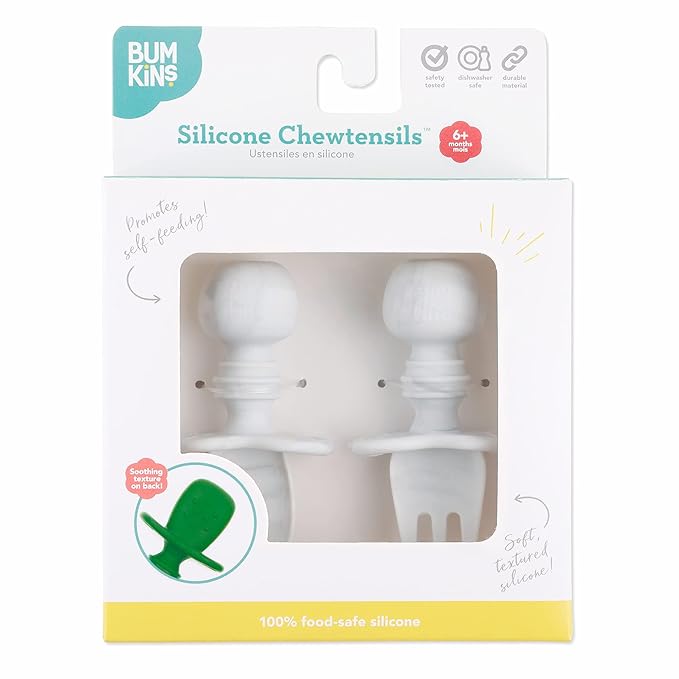 Bumkins Baby Utensils Set, Chewtensils Silicone Spoons for Dipping, Self-Feeding, Baby Led Weaning, Trainer Learning, First Stage Eating, Soft Practice Fork and Spoon, Babies 6 Months, Marble-CubbioJoy