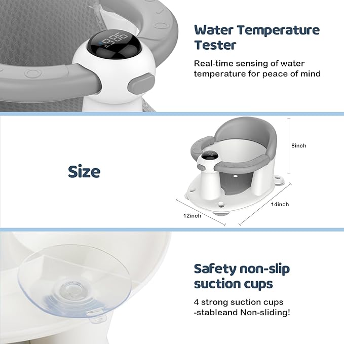 Baby Bath Seat-for Babies 6 Months & up, Water Temperature Display+Soft Cushion, Non-Slip Toddler Bath Seat for Baby, Sit Up Bath Seat for Baby, Grey-CubbioJoy