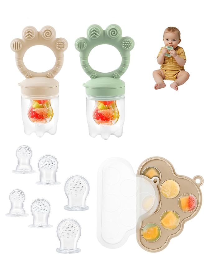 Baby Popsicle Molds & Food Feeder Set, Baby Fruit Feeder for Infant Teething Relief & Safe Infant Self Feeding 4 Months+ Starting Solids for Baby Essentials (Green+Beige)-CubbioJoy