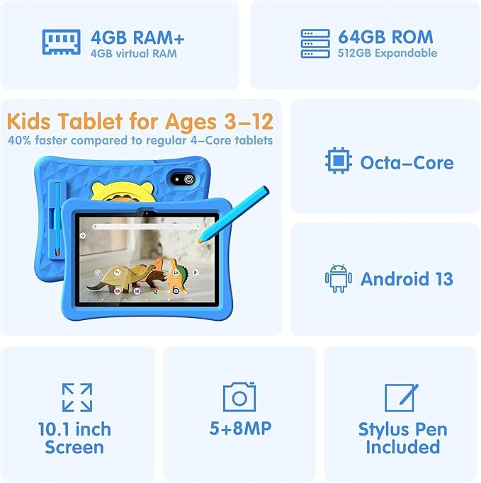 10.1 Inch Kids Tablet with Stylus & Case | Octa-Core 8GB RAM 64GB ROM | 7000mAh Android Tablet for Ages 3-12 | Parental Control, Pre-Installed Apps & GMS Certified-CubbioJoy