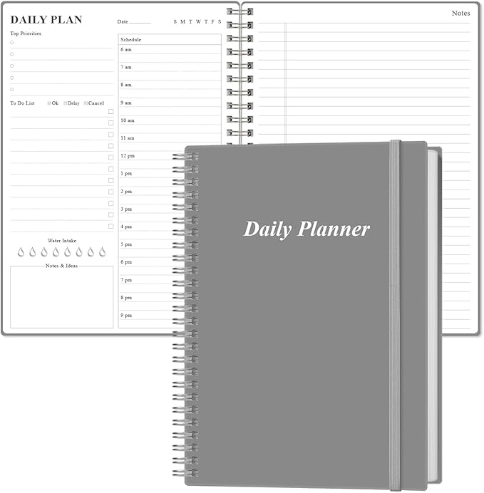 Daily Planner Undated - B5 To Do List Notebook Hourly Schedules, Spiral Appointment Planner for Women and Men, PVC Hardcover, Inner Pocket, Elastic Closure, 7" x 10", Grey-CubbioJoy