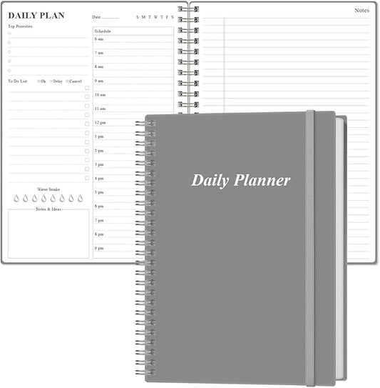 Daily Planner Undated - B5 To Do List Notebook Hourly Schedules, Spiral Appointment Planner for Women and Men, PVC Hardcover, Inner Pocket, Elastic Closure, 7" x 10", Grey-CubbioJoy