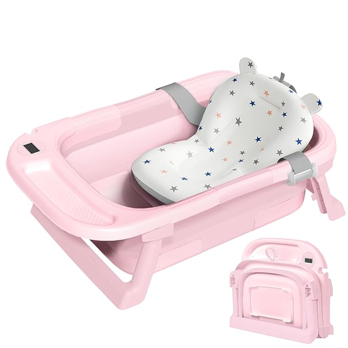 Collapsible Baby Bathtub,Baby Bath Tub with Thermometer & Soft Cushion,Baby Bathtub for Newborn to Toddler 0-36 Months,Portable Travel Baby Tub with No-Slip Feet,Baby Shower Gifts,Pure Pink-CubbioJoy