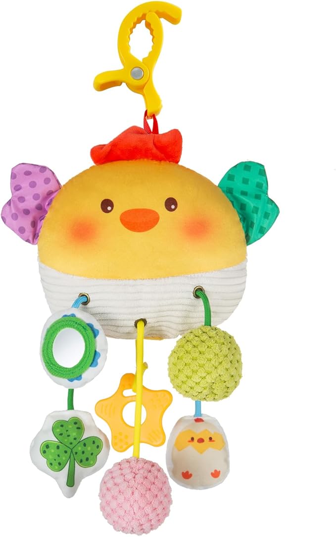 Car Seat Toy for Babies 0-6 Months, Stroller Toy with a Convenient clip, Carseat Toys Hanging Baby Accessories,Built-In Bell, Rattle,Squeaky,Mirror for infant,Babies Gift 0-3-6-12 months Boy Girl-CubbioJoy
