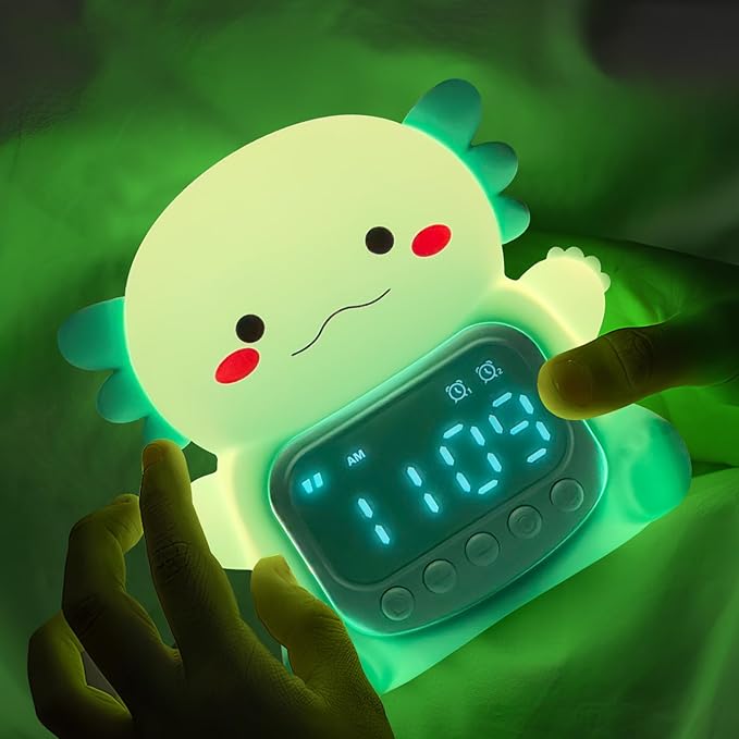 Axolotl Alarm Clock with Night Light for Kids, 7 RGB Color Cute Alarm Clocks for Bedrooms Ok to Wake Clocks, Silicone Animal Tabletop Lamp for Teen Girls Boys, Green-CubbioJoy