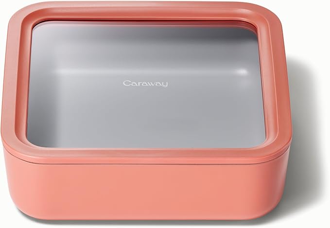 Caraway Glass Food Storage, 10 Cup Glass Container - Ceramic Coated Food Container - Non Stick Lunch Box Container with Glass Lids. Dishwasher, Oven, & Microwave Safe - Square Shape - Perracotta-CubbioJoy
