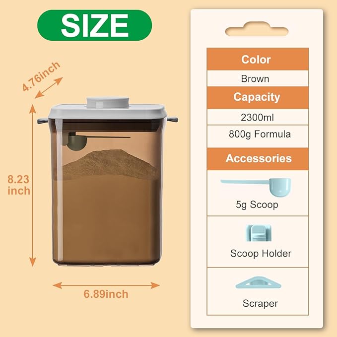 Ankou One-Push Formula Container, 2300ml Formula Dispenser with Scoop and Scraper, Milk Powder Container with Lids, BPA-Free Airtight Food Storage Container 1000g Large Capacity,Dark Brown, Rectangle-CubbioJoy