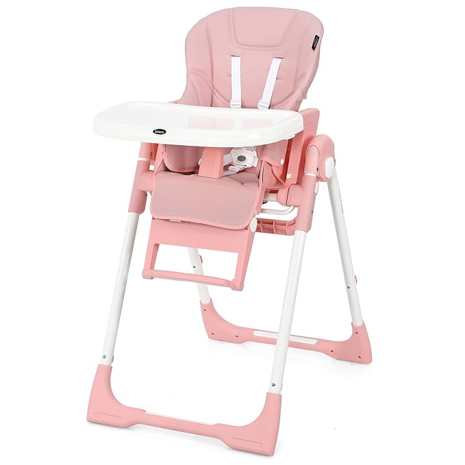 INFANS 4 in 1 High Chair–Booster Seat, Convertible Highchair w/Adjustable Height and Recline,Removable Tray,DetachableCushion, Installation-Free,Simple Fold for Baby, Infant& Toddler (Pink)-CubbioJoy
