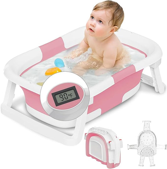 Collapsible Baby Bathtub,Baby Bath Tub with Soft Cushion & Thermometer,Baby Bathtub Newborn to Toddler 0-36 Months,Portable Travel Baby Tub-CubbioJoy