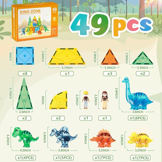 Dinosaur Magnetic Tiles,Animals Magnet Building Blocks Toys Dino World,3D STEM Educational Magnet Tiles for Boys Girls Kids Age 3 4 5 6 7 8-CubbioJoy