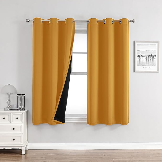 ChrisDowa 100% Blackout Curtains for Bedroom with Black Liner, 2 Thick Layers Total Blackout Thermal Insulated Grommet Window Curtains 2 Panels Set (Mustard Yellow, 42 x 63 Inch)-CubbioJoy