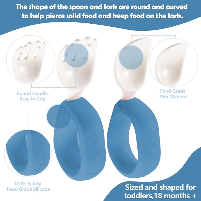 Baby Self Feeding Training Spoon and Fork Set with Travel Case, BPA-Free Cute Circle Toddler Training Utensils, Silicone/ABS Great Tableware Set Spoons Fork for Kids (Blue)-CubbioJoy
