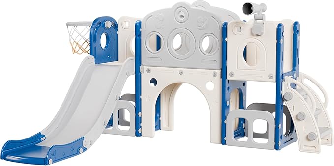 Babytronic Toddler Slide Set, 8 in 1 Kids Slide, Indoor Outdoor Slide for Toddlers Age 1-3, Toddler Playset with Basketball Hoop and Tunnel, Toddler Indoor Outdoor Playground, Blue&Grey-CubbioJoy