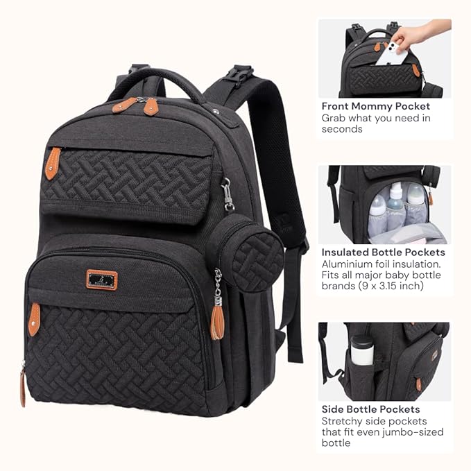 BabbleRoo Diaper Bag Backpack, Travel Backpack with Changing Pad, Pacifier Case & Stroller Straps, Multifunction, Waterproof, Unisex – Black-CubbioJoy