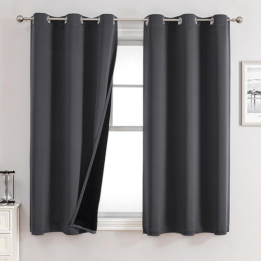 ChrisDowa 100% Blackout Curtains for Bedroom with Black Liner, 2 Thick Layers Total Blackout Thermal Insulated Grommet Small Window Curtains 54 Inch Length 2 Panels Set (Dark Grey, 42 x 54 Inch)-CubbioJoy