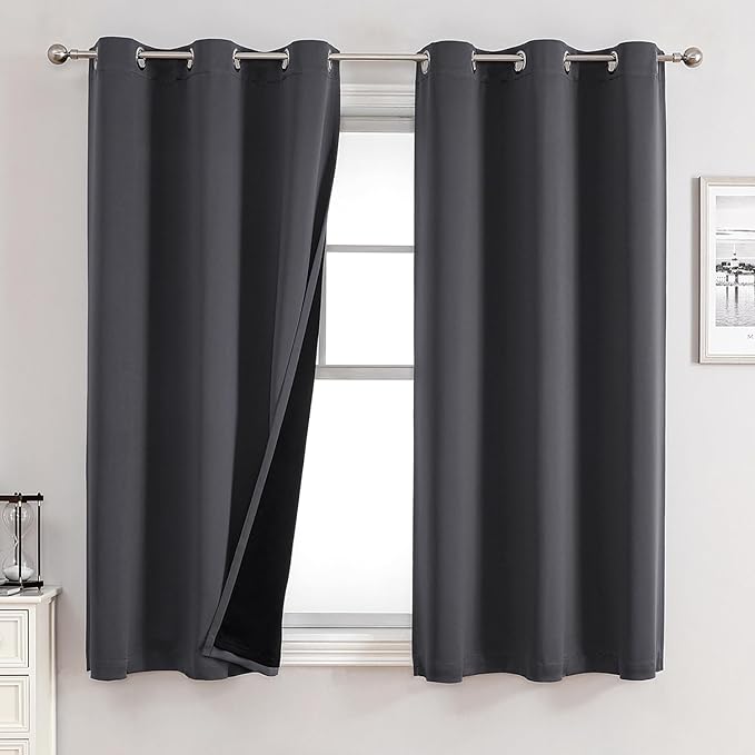 ChrisDowa 100% Blackout Curtains for Bedroom with Black Liner, 2 Thick Layers Total Blackout Thermal Insulated Grommet Window Curtains 63 Inch Length 2 Panels Set (Dark Grey, 42 x 63 Inch)-CubbioJoy