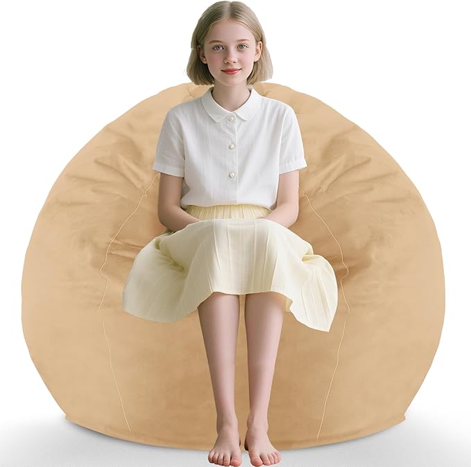 2FT Bean Bag Chair, Comfy Bean Bag Chairs with Memory Foam Filled, Fluffy Beanbag Sofa with Dutch Velvet Cover, Teardrop BeanBag Chairs for Living Room, Playroom - Khaki-CubbioJoy