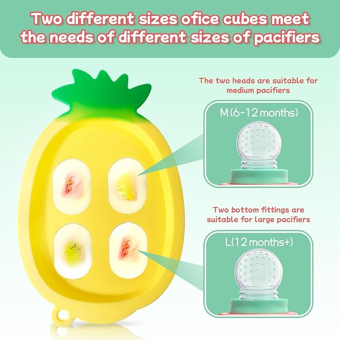 Baby Fruit Food Feeder - Silicone Nibble Tray Combo - Breastmilk Popsicle Mold for Cooling Relief, BPA Free Mesh Feeder for Infant Self Feeding (Robot Pink + Pineapple)-CubbioJoy