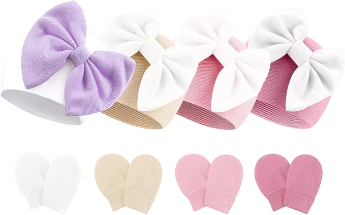 BQUBO Newborn Baby Hats Mittens Set Hospital Hat Beanie Infant Bow Hats Baby Gloves No Scratch Mittens for 0-6 Months-CubbioJoy