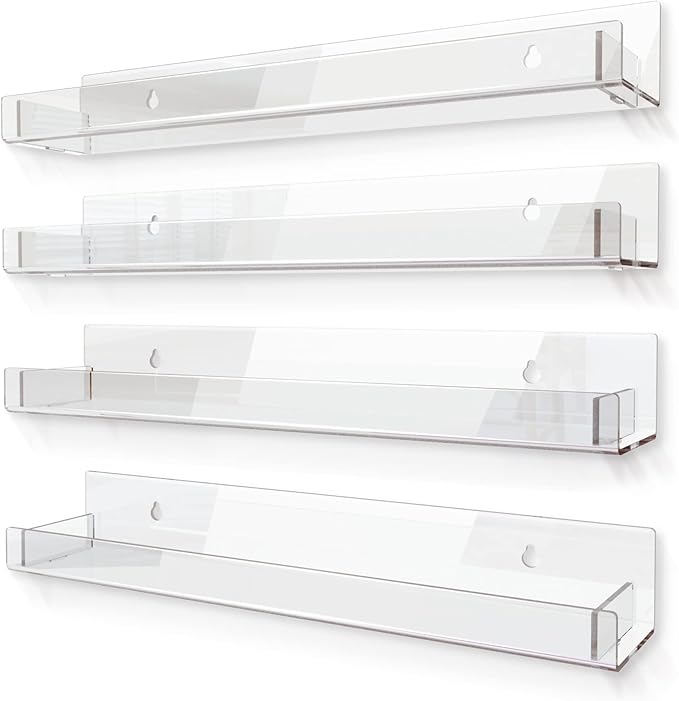 4 Pack 15 Inch Clear Acrylic Shelves, Clear Kids Floating Bookshelf for Kids Room, Modern Nail Polish Rack Sunglasses Essential Oil Picture Ledge Display Toy Storage Wall Shelf-CubbioJoy