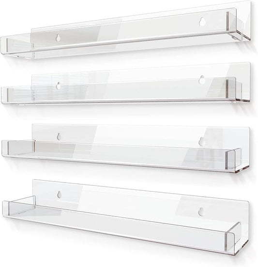 4 Pack 15 Inch Clear Acrylic Shelves, Clear Kids Floating Bookshelf for Kids Room, Modern Nail Polish Rack Sunglasses Essential Oil Picture Ledge Display Toy Storage Wall Shelf-CubbioJoy