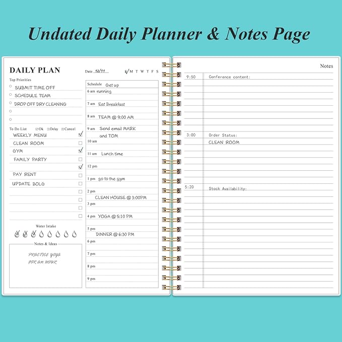 Daily Planner Undated - B5 To Do List Notebook Hourly Schedules, Spiral Appointment Planner for Women and Men, PVC Hardcover, Inner Pocket, Elastic Closure, 7" x 10", Teal Flowers-CubbioJoy