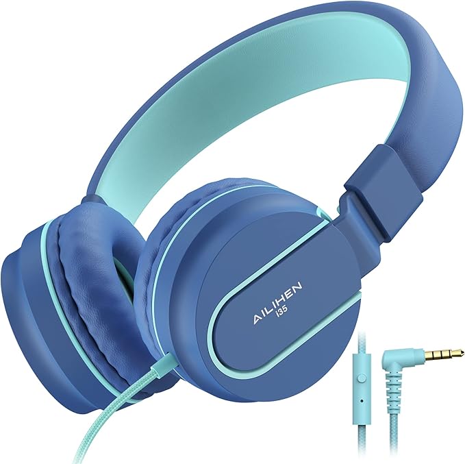 AILIHEN Kids Headphones, I35 On-Ear Headphones for School, Safe Volume 93dB, HD Mic Stereo Headphone for Kid Girls Boys, Foldable 3.5mm Wired for Chromebook, Laptop, Computer, Tablet (Blue)-CubbioJoy