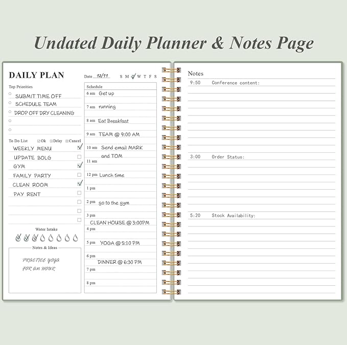 Daily Planner Undated - A5 To Do List Notebook Hourly Schedules, Spiral Appointment Planner for Women and Men, PVC Hardcover, Inner Pocket, Elastic Closure, 5.8" x 8.3", Green-CubbioJoy