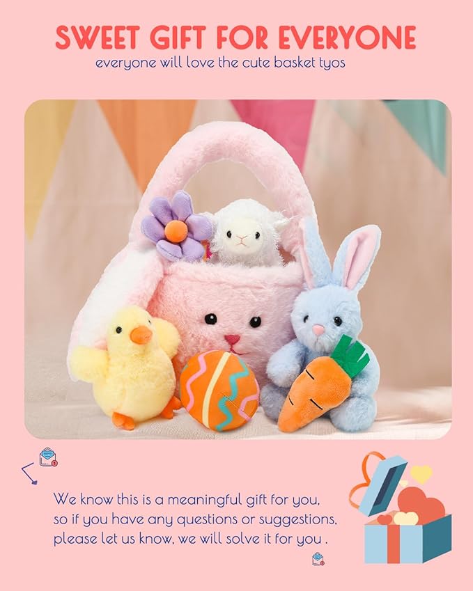 7 Piece Plush Stuffed Animals Playset Toys with Rabbit, Chick, Lamb, Carrot, Egg, Flower, Furry Bag, Soft Basket Set Toys for Girls Kids Ages 3+, Birthday Christmas Valentines Easter Party Favors-CubbioJoy