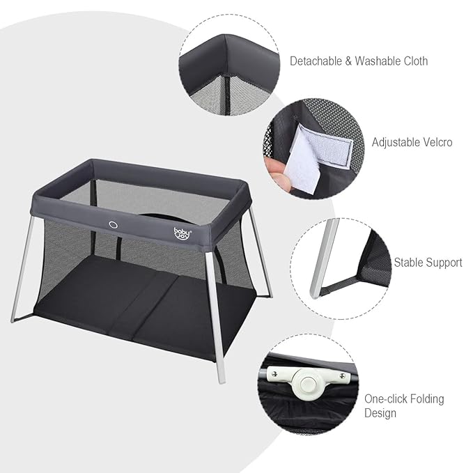 BABY JOY Baby Foldable Travel Crib, 2 in 1 Portable Playpen with Soft Washable Mattress, Side Zipper Design, Lightweight Installation-Free Home Playard with Carry Bag, for Infants & Toddlers (Grey)-CubbioJoy