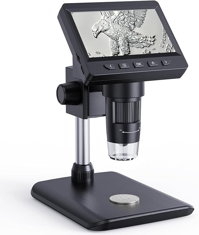 Digital Microscope, Coin Microscope with Light Adjustable Brightness 4.3" HD LCD Screen, 1000X Zoom PC View, Compatible with MacOS & Windows - Black-CubbioJoy