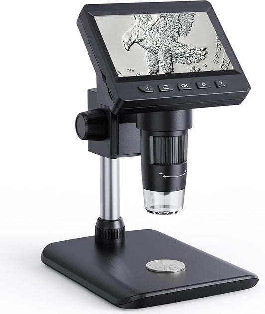 Digital Microscope, Coin Microscope with Light Adjustable Brightness 4.3" HD LCD Screen, 1000X Zoom PC View, Compatible with MacOS & Windows - Black-CubbioJoy