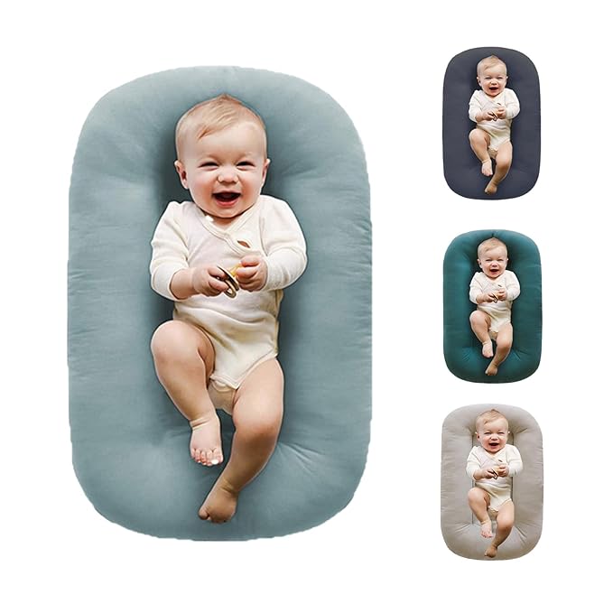 Baby Lounger for Newborn,Baby Nest for Newborn Soft Cotton Breathable for Playtime & Relaxation,Flat Babies Essentials Gifts Newborn Lounger for Boys & Girls 0-12 Months(Misty Blue)-CubbioJoy
