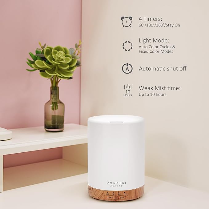 ASAKUKI 300ML Essential Oil Diffuser, Quiet 5-in-1 Premium Humidifier, Home Fragrance Aroma Diffuser with 7 LED Color Changing Light and Auto-Off Switch -Light Brown-CubbioJoy
