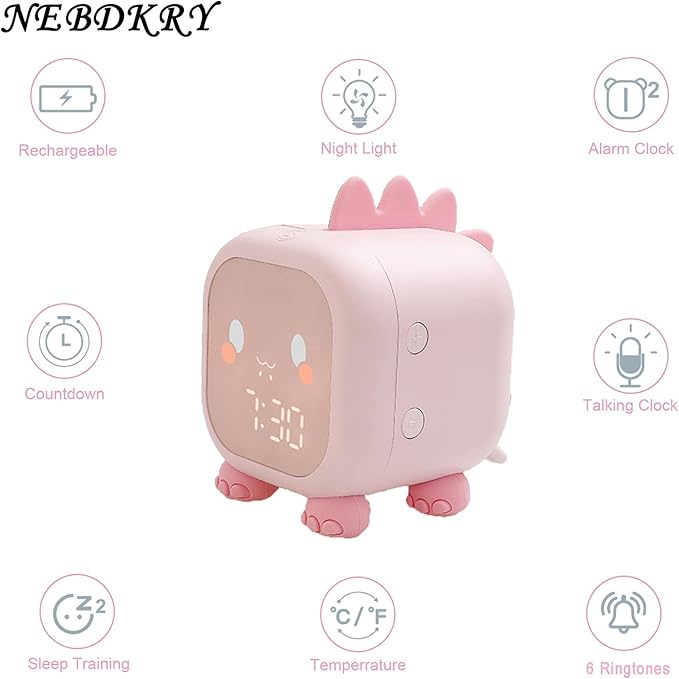 Alarm Clock Kids Dinosaur Alarm Clocks Girls Pink Digital Alarm Clock for Kids Girl Children with Night Light-CubbioJoy