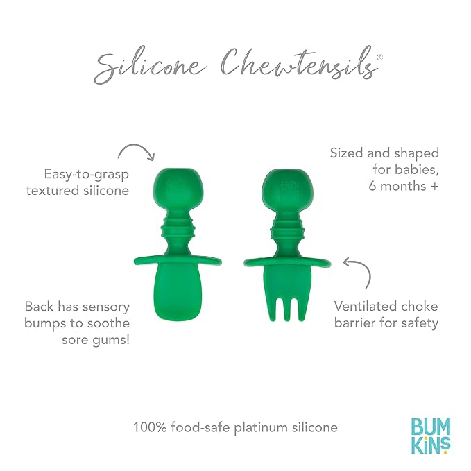 Bumkins Baby Utensils Set, Chewtensils Silicone Spoons for Dipping, Self-Feeding, Baby Led Weaning, Trainer Learning, First Stage Eating, Soft Practice Fork and Spoon, Babies 6 Months, Jade Green-CubbioJoy