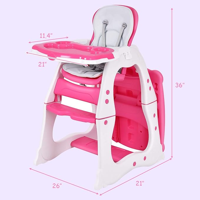 Costzon Baby High Chair, 3 in 1 Infant Table and Chair Set, Convertible Booster Seat with 3-Position Adjustable Feeding Tray, Adjustable Seat Back, 5-Point Harness (Pink)-CubbioJoy
