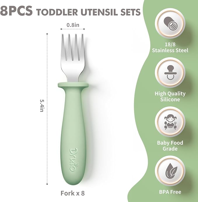 DRKIO 8 Pieces Toddler Forks Set - Baby Forks with Silicone Handle Children safe 18/8 Stainless Steel Toddler Utensils Set for Self Feeding Kids Silverware Anti-Choke Design Food Grade Dishwasher Safe-CubbioJoy