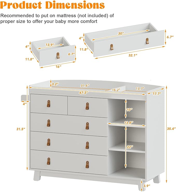Baby Dresser with Changing Table Top, Baby Changing Table Dresser with 5 Drawers and Adjustable Shelves, Multi-Functional Diaper Changing Station, Nursery Organizer for Kids Bedroom, White-CubbioJoy