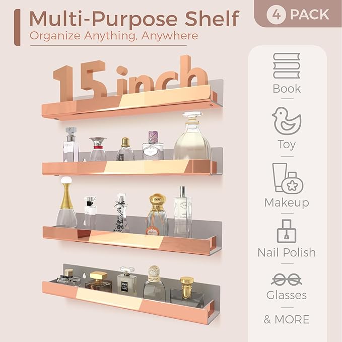 4 Pack 15 Inch Rose Gold Reflective Acrylic Shelves, Rose Gold Floating Shelves, Modern Sunglasses Essential Oil Picture Ledge Display Toy Storage Shelf-CubbioJoy