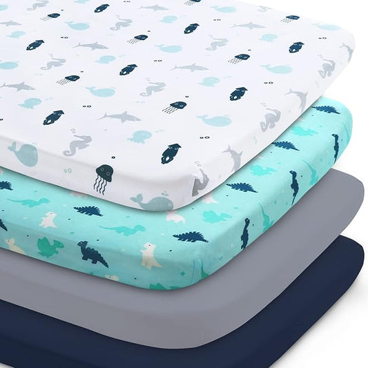 Bassinet Sheet 4 Pack for Baby Boys, Bassinet Sheets Ultra Soft Universal Fit for Most Rectangle, Oval, Hourglass Bassinet Mattress, Bassinet Sheets, Navy-CubbioJoy