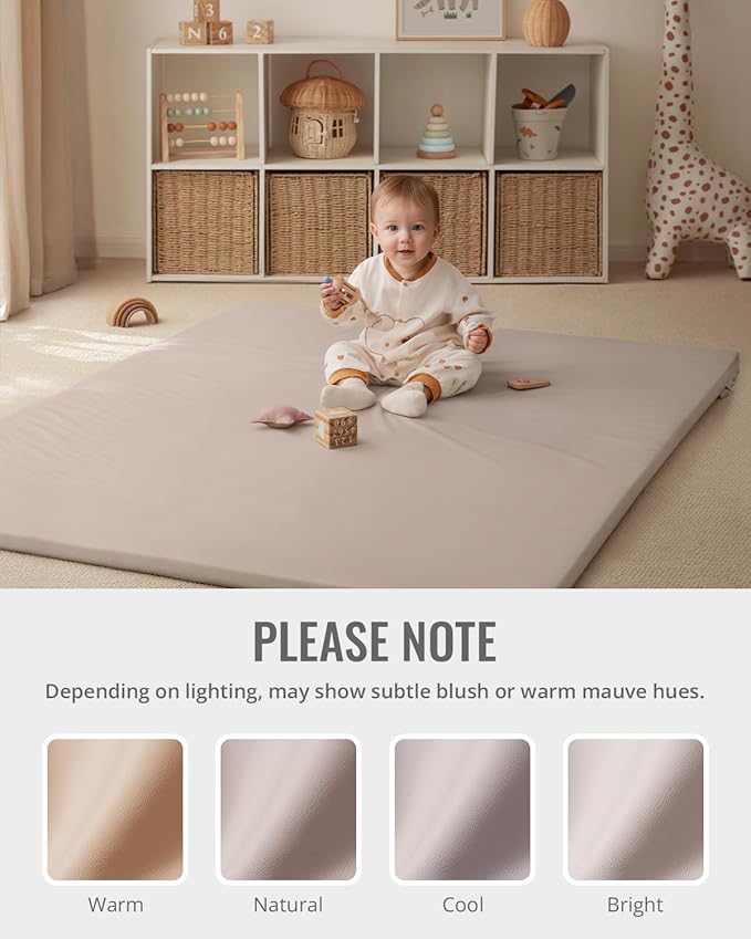 Blissful Diary Vegan Leather Baby Play Mat, 47x47 Thicken Foam Cushioned & Waterproof Playpen Mat for Infants and Toddlers, Stylish and Just Wipe-Clean Playmat for Baby Play on Floor, Taupe-CubbioJoy