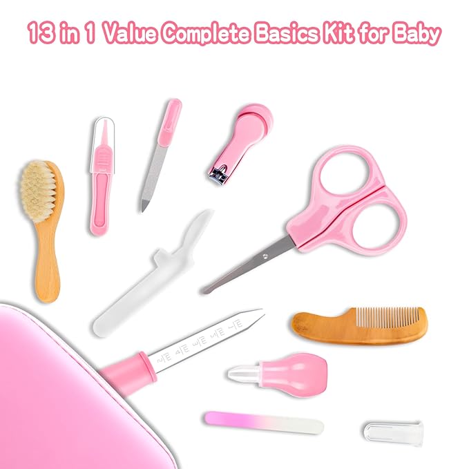 Baby Grooming Kit, Infant Safety Care Set with Hair Brush Comb Nail Clipper Nasal Aspirator,Baby Essentials Kit for Newborn Girls Boys(13 Pc Pink Kit)-CubbioJoy