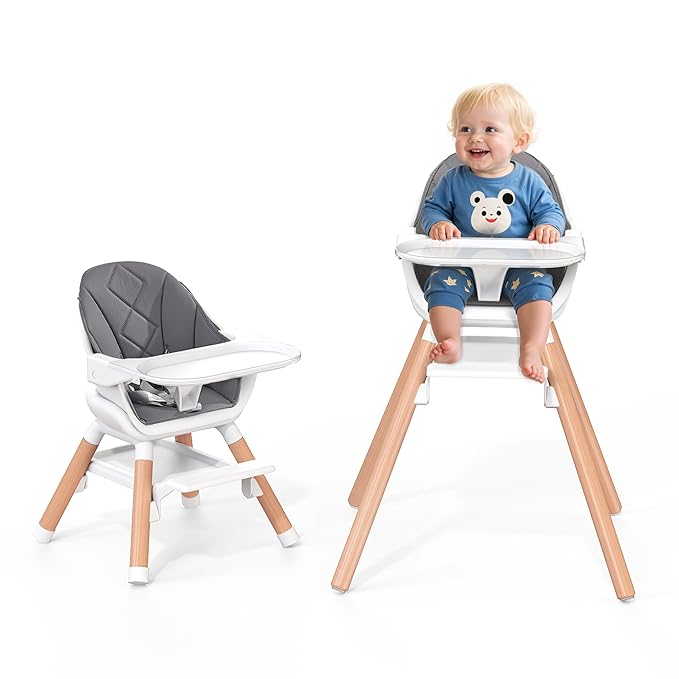Baby High Chair, Highchair for Baby & Toddler, Easy Clean Infant Highchair, 6 in 1 Feeding High Chair with Removable Double Tray and Waterproof PU Cushion, Wooden Legs, Grey-CubbioJoy