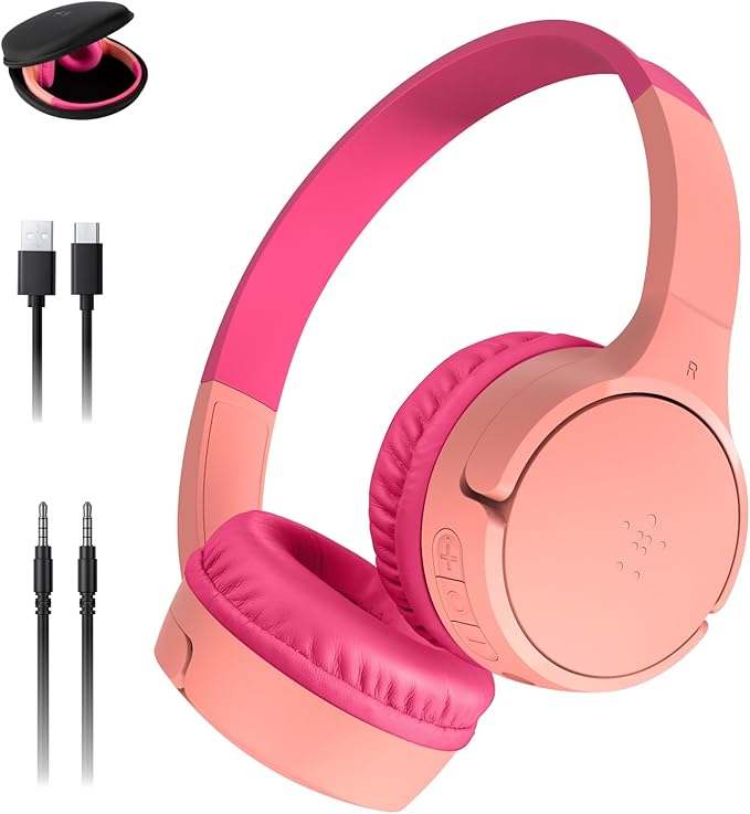 Belkin SoundForm Mini w/Case - Wireless Bluetooth Kids Headphones with 30H Battery Life, 85dB Safe Volume Limit, Built-in Microphone - Kids On-Ear Earphones for iPhone, iPad, & More - Pink-CubbioJoy