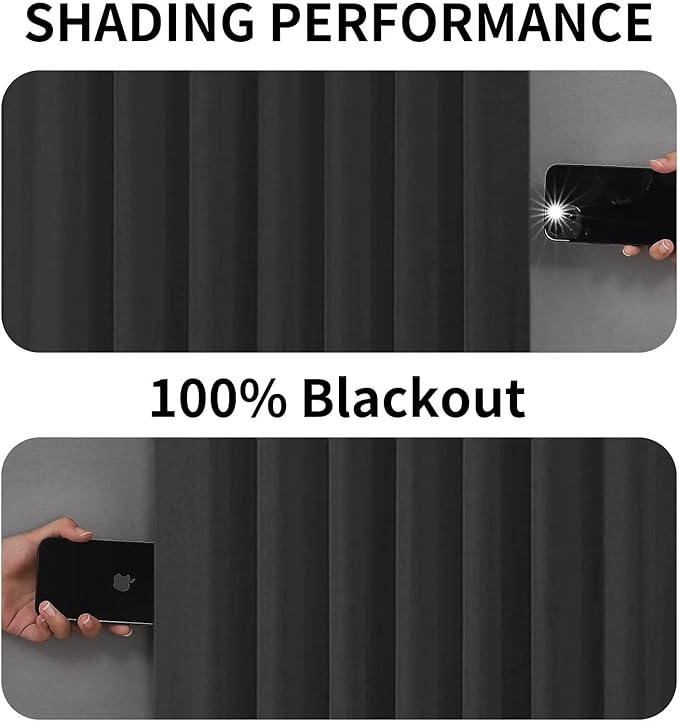 Joydeco 100% Blackout Curtains 108 inches Long for Bedroom Living Room - 2 Panels Set Burg Room Darkening Black Out Curtains for Bedroom Windows, Back tab Rod Pocket(52x108 inch,Black)-CubbioJoy