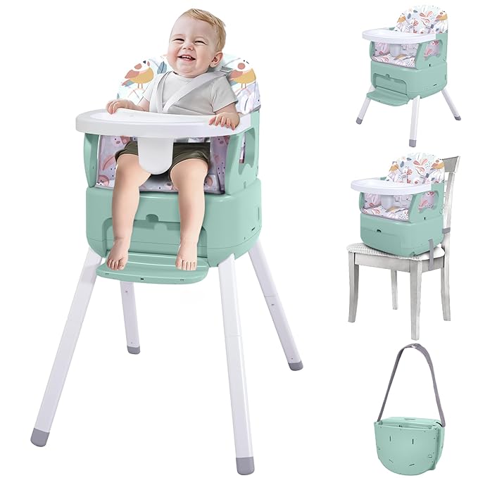 4 in 1 Portable Baby High Chair,Convertible Highchair for Babies and Toddlers-Foldable Infant Booster Seat,Carry Small Box,Dining Chair,Toddler High Chair with 5-Point Harness,Removable Tray-Green-CubbioJoy