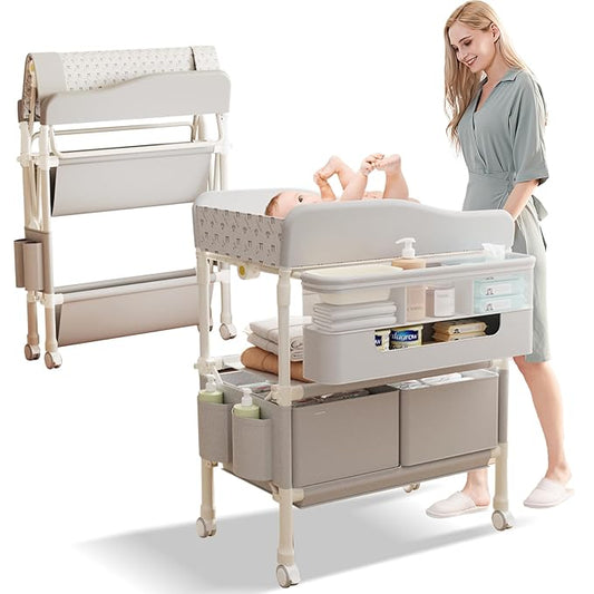 Baby Changing Table, Versatile Folding Changing Table with 2 Drawers, Portable Baby Diaper Changing Station with Toy Holder, Adjustable Height Mobile Nursery Diaper for Infant and Newborn-CubbioJoy
