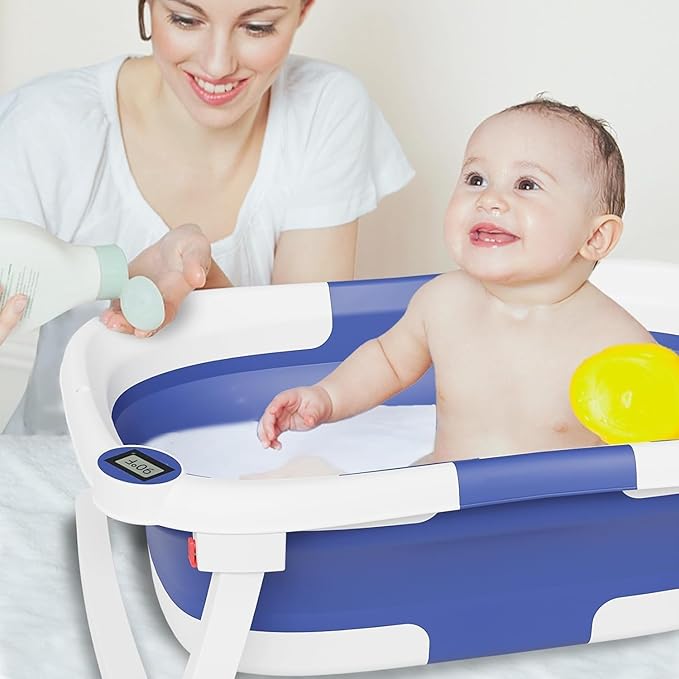 Collapsible Baby Bathtub,Baby Bath Tub with Soft Cushion & Thermometer,Baby Bathtub Newborn to Toddler 0-36 Months,Portable Travel Baby Tub-CubbioJoy